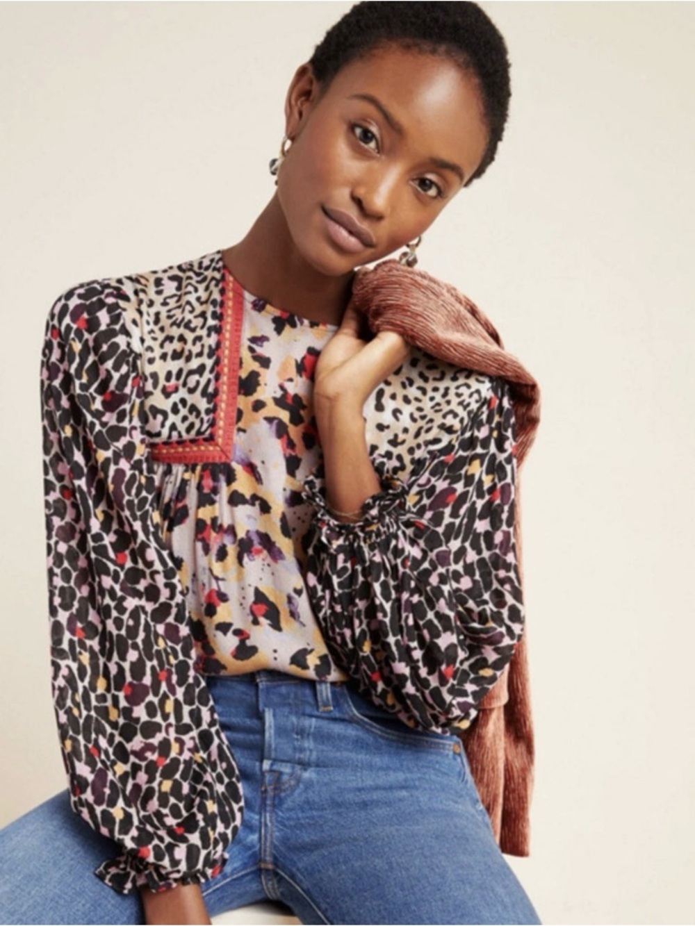 Bl^nk London x Anthropologie Joelle Leopard Print Peasant Blouse Medium